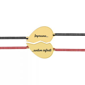 Set bratari argint cuplu inimioare 16 mm si snur negru (M) si rosu (F) (2 bucati incluse) - personalizate cu text - placate cu aur galben de 24 karate